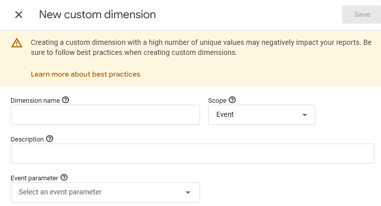 GA4 custom dimension creation form showing the parameter name, scope, and event parameter fields