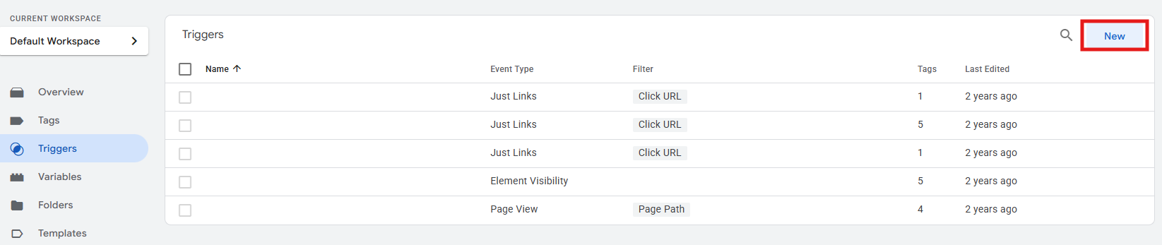 GTM Triggers panel showing the available trigger types including Page View, Click Just Links, and Form Submission