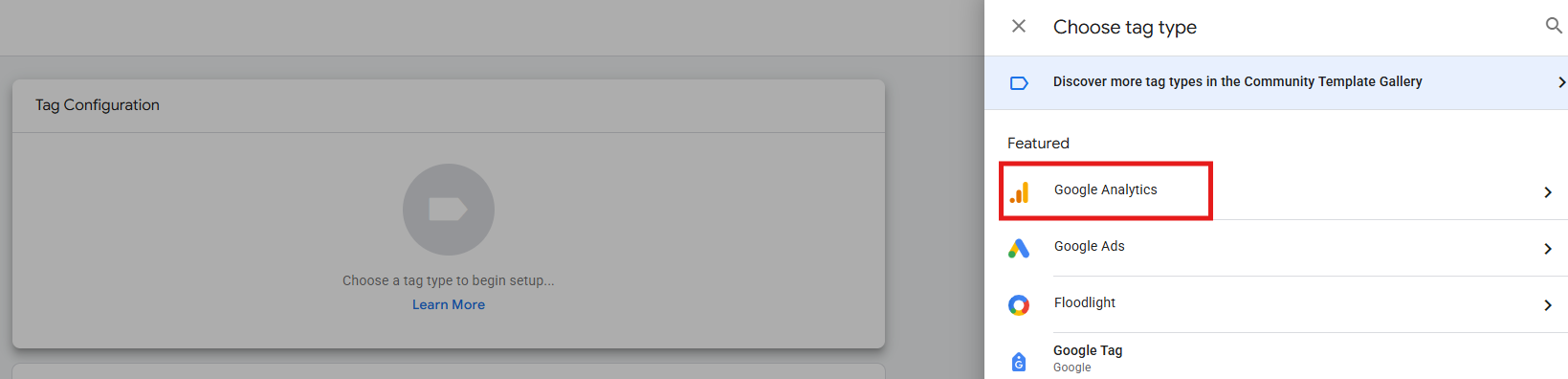 GTM Tag Configuration panel showing the tag type selection