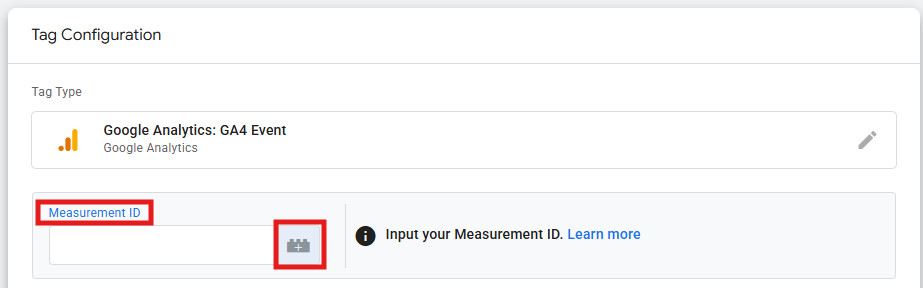 GTM GA4 Event tag showing the Google Tag selection or Measurement ID field