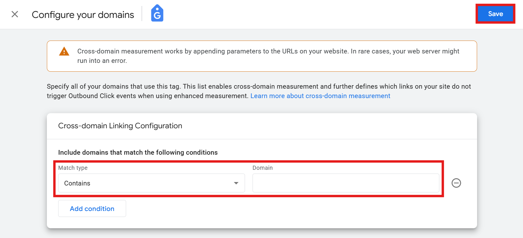 GA4 domain condition builder with Contains match type and root domain entered