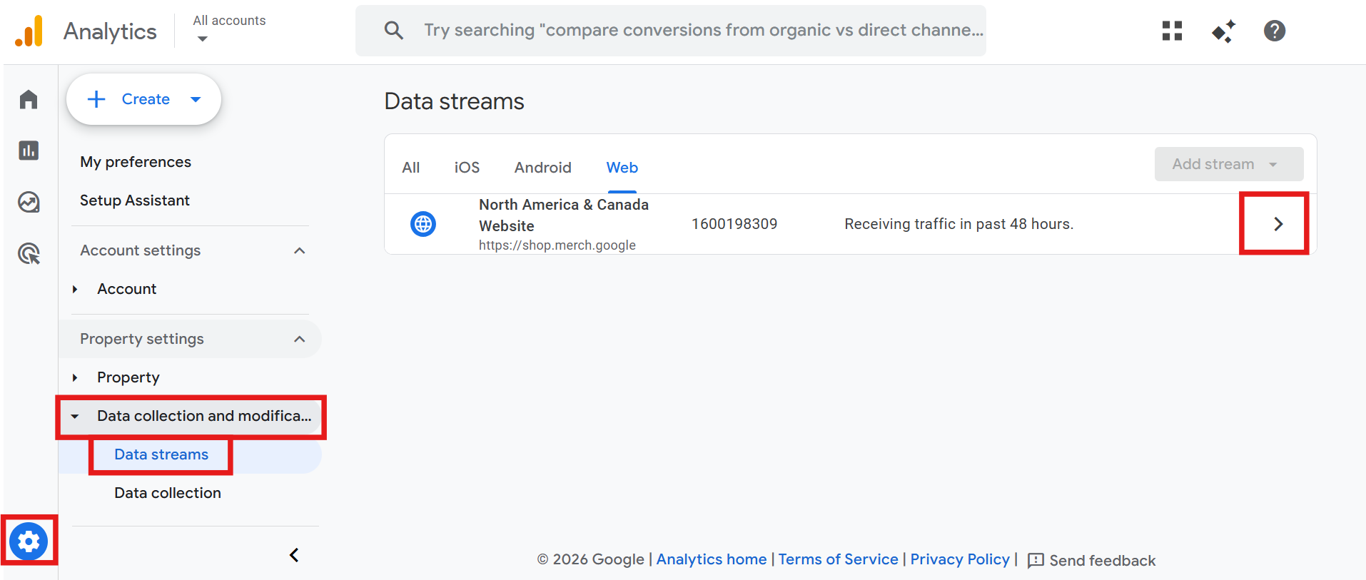 GA4 Admin Data streams screen with web data stream selected