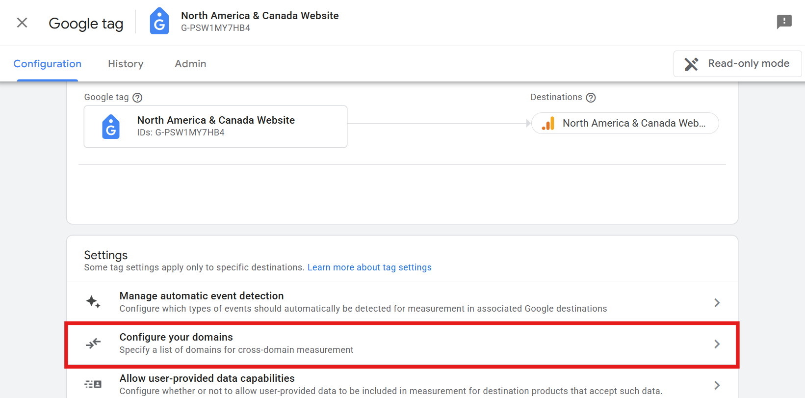 GA4 tag settings screen with Configure your domains option