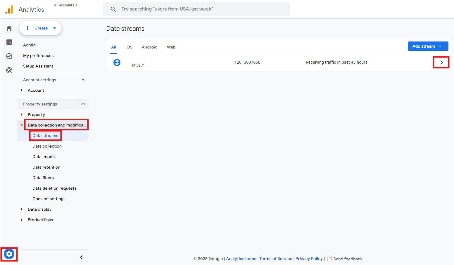GA4 Admin menu showing the path to Data streams