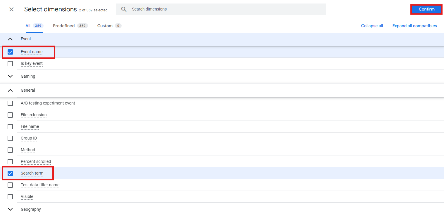 GA4 dimension picker with Search Term and Event name selected