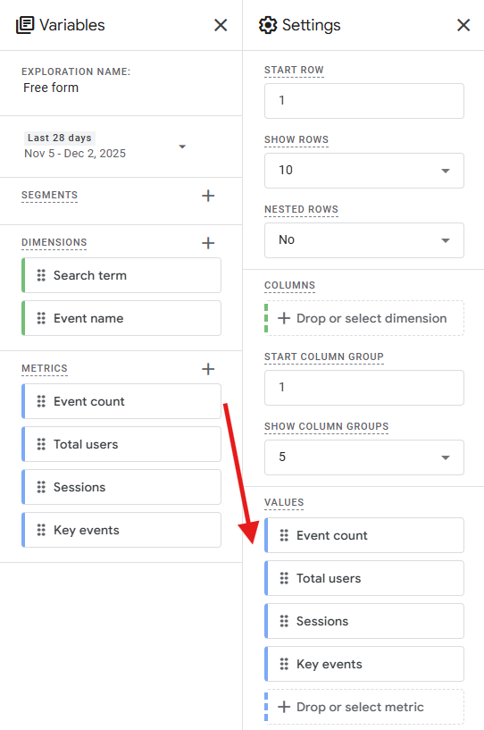 GA4 Exploration Settings panel with Event count dragged into the Values section