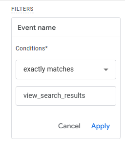 GA4 Exploration Filters panel with Event name exactly matches view_search_results set