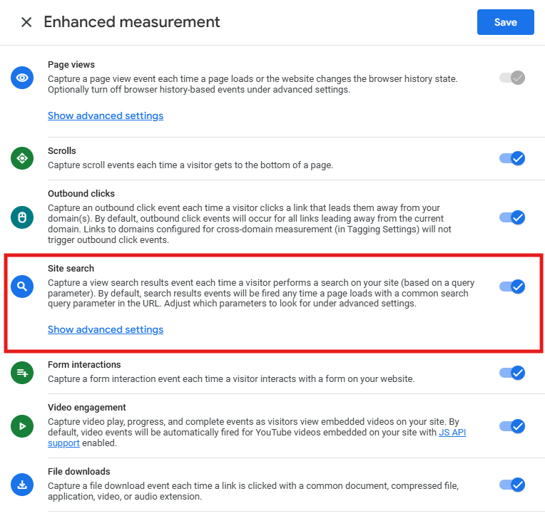 GA4 Enhanced Measurement settings with Site search toggled on