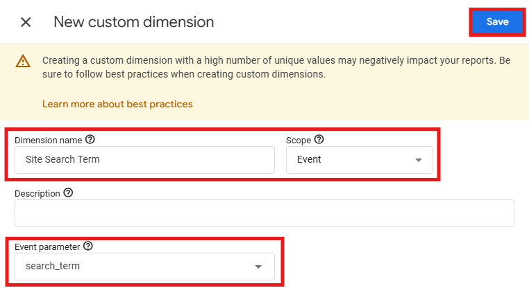 GA4 custom dimension form filled in with search_term as the event parameter
