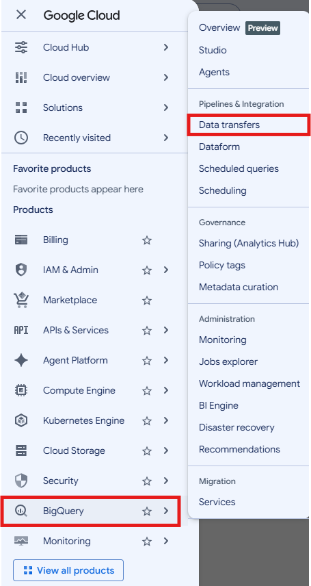 BigQuery Data Transfers option in the Google Cloud Console navigation menu