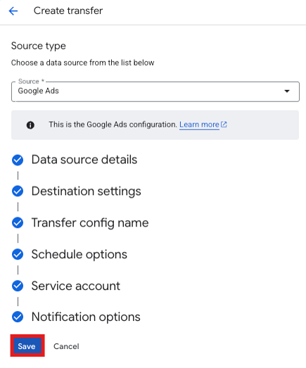 Completed BigQuery Data Transfer appearing in the data transfers list