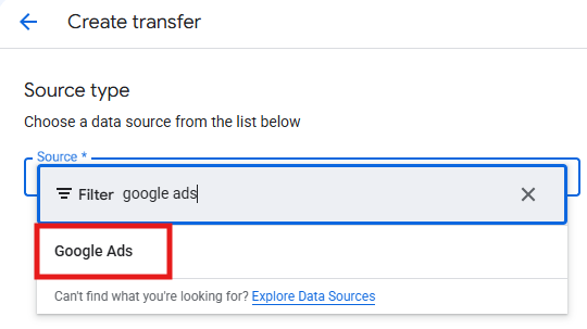 Source type dropdown showing Google Ads selected in the BigQuery Data Transfer setup