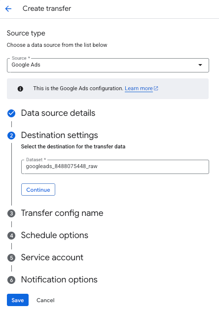 Dataset destination selection step in the BigQuery Data Transfer setup