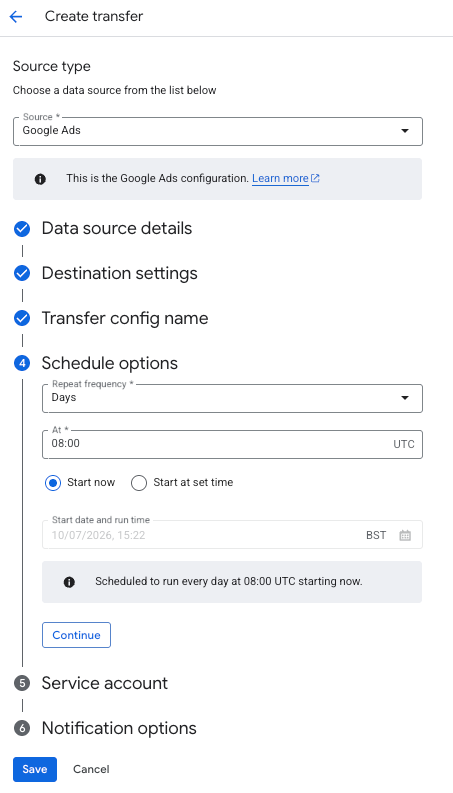 Transfer schedule settings showing the default 24-hour frequency option