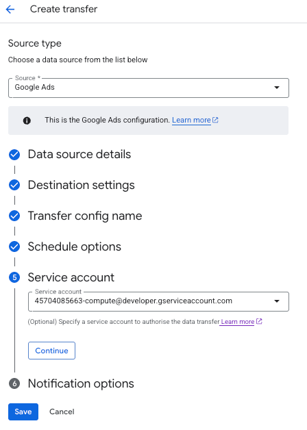 Service account selection step in the BigQuery Data Transfer for Google Ads setup