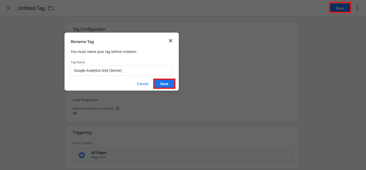 GTM GA4 server tag saved with name Google Analytics GA4 Server