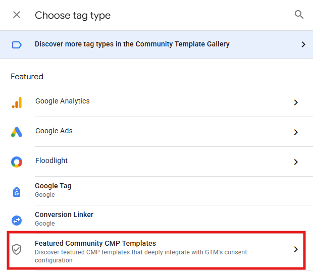 GTM Tags New Tag Configuration showing Featured Community CMP Templates