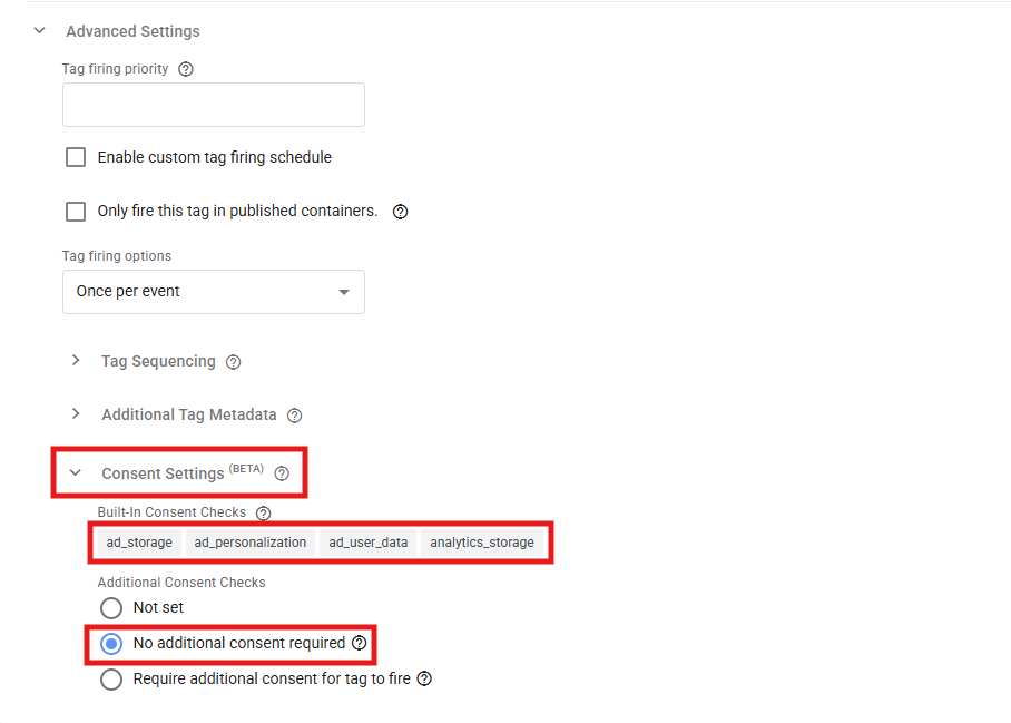 GTM Google tag Consent settings with Built-in consent checks configured