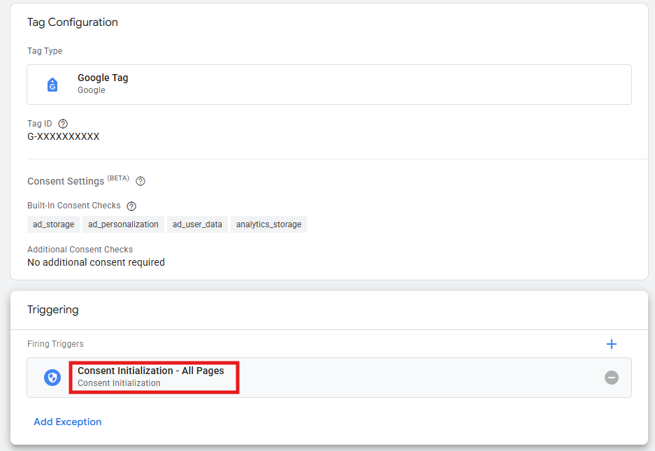 GTM Google tag Triggering section with Consent Initialization All pages trigger
