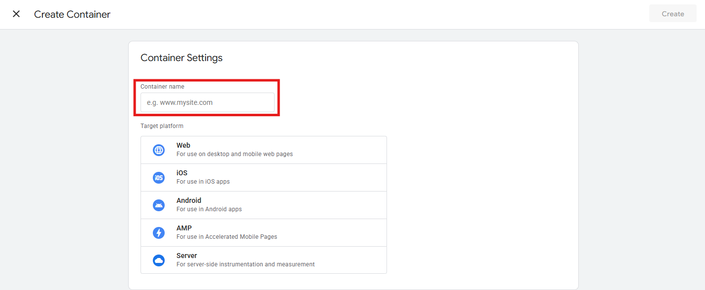 GTM new container setup with container name field