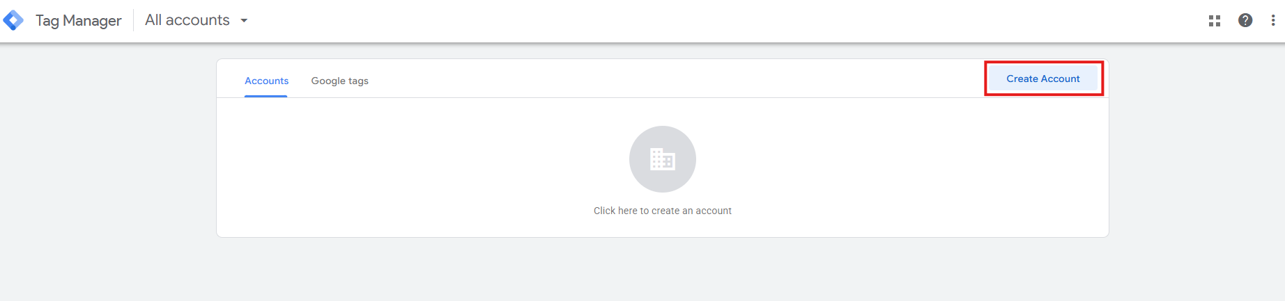 GTM interface showing the Create Account button on the right-hand side of the screen