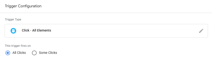 GTM trigger type selection panel with Click – All Elements highlighted