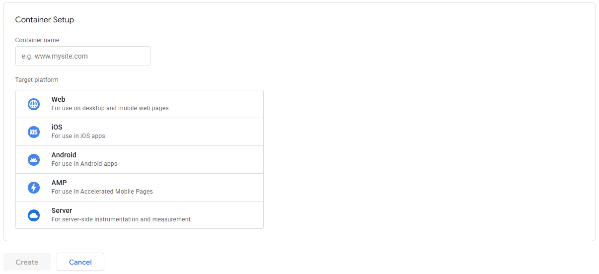 GTM Container Setup section with container name field and platform type options including Web, iOS, Android, AMP, and Server