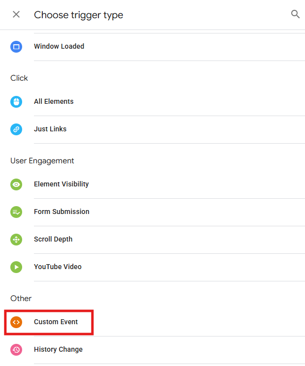 GTM Trigger Configuration with Custom Event option