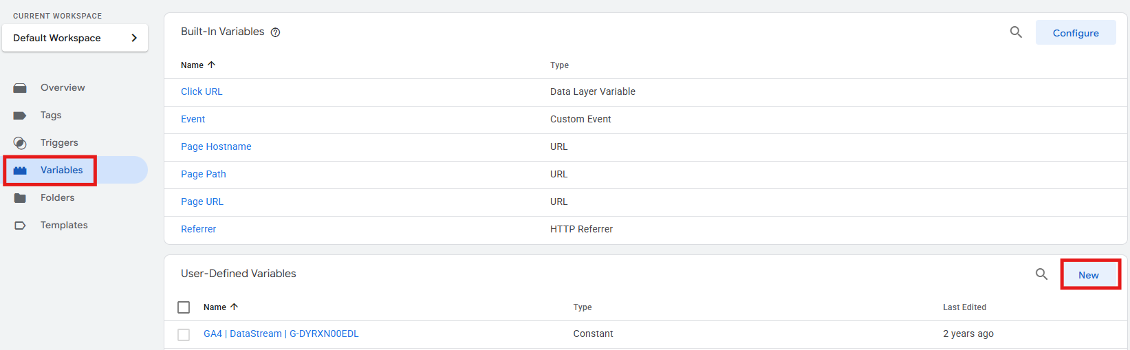 GTM Variables menu showing User-Defined Variables and New button