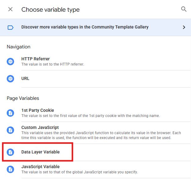 GTM Variable Configuration with Data Layer Variable option selected