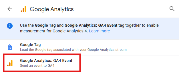 GTM Tag Configuration showing GA4 Event tag type
