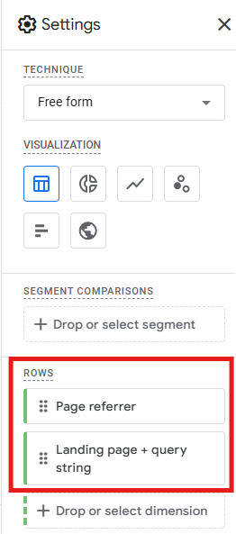 Settings column in Explore showing Page referrer and Landing page dragged to Rows