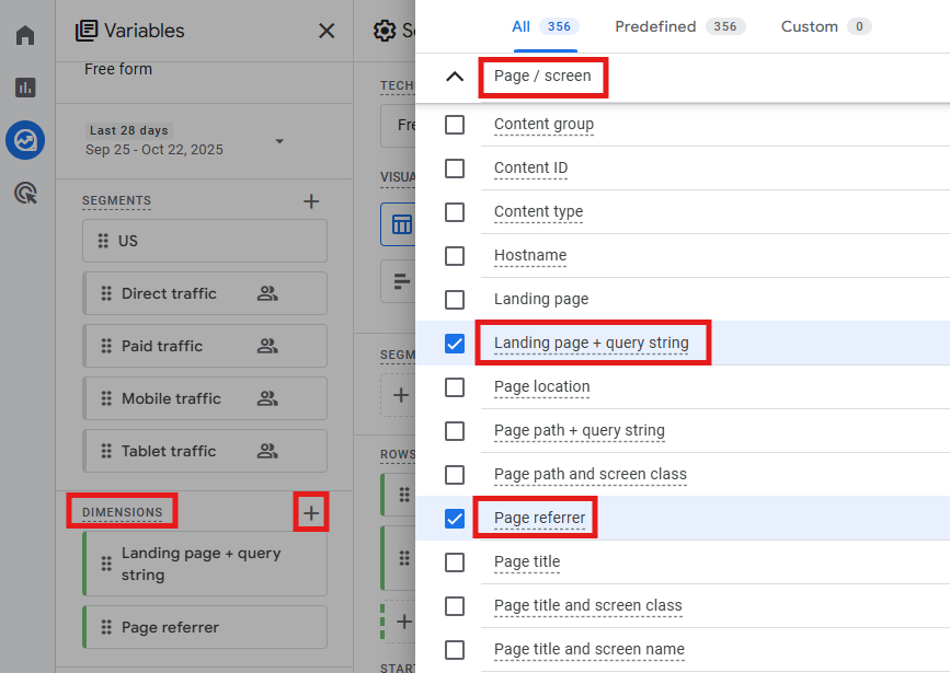 Dimensions panel with Page referrer and Landing page + query string added