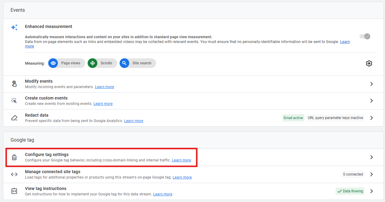 Data stream settings showing the Google tag section with Configure tag settings button