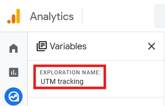 GA4 custom Exploration showing UTM campaign data with a named report