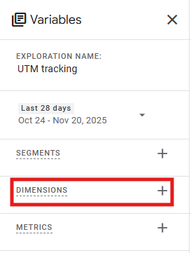 GA4 Exploration Variables panel with Dimensions highlighted