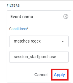 Filters section in GA4 Explorations with an Event name regex filter configured