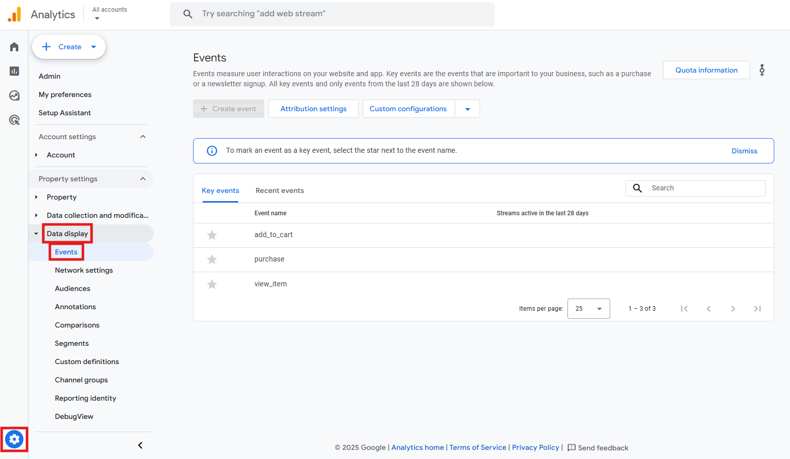 GA4 Admin panel showing Data display > Events section