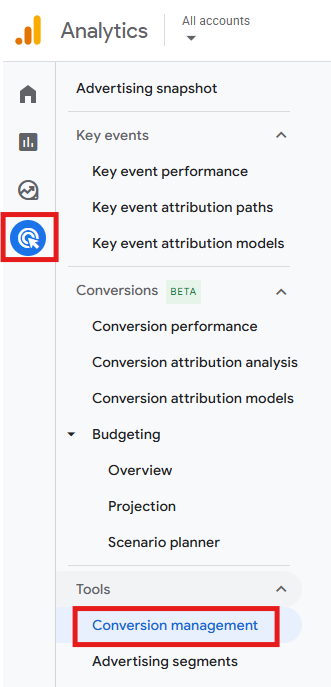 GA4 Advertising > Conversion management panel