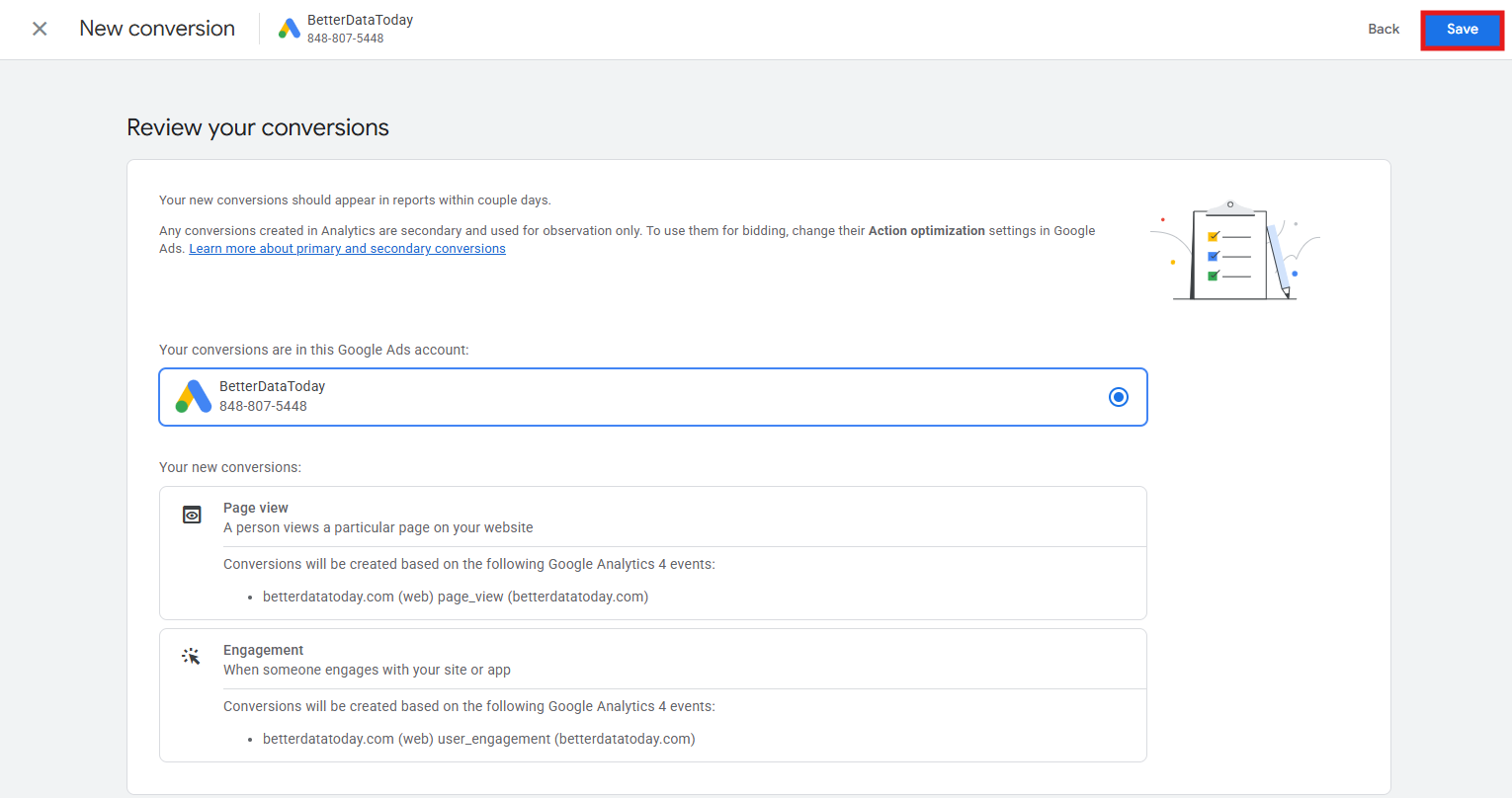 GA4 import flow showing conversion review screen and save button