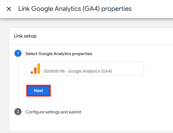 Google Ads link setup screen showing a list of GA4 properties with Next button