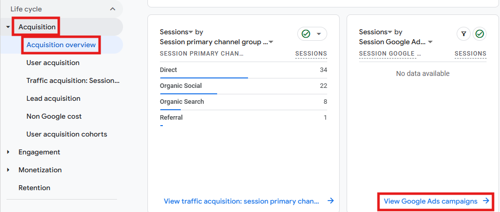 GA4 Acquisition Overview report showing the View Google Ads campaigns option