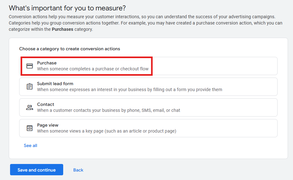 Google Ads conversion category selection screen showing purchase, submit lead form, and other options