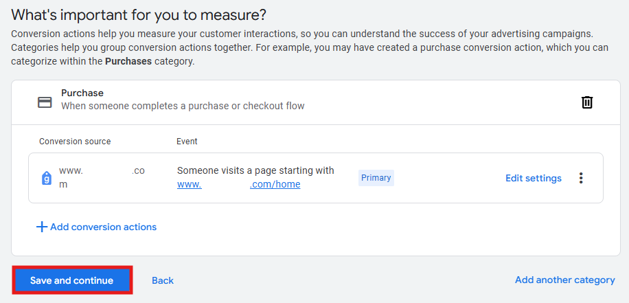 Google Ads conversion action summary screen showing the save and continue button