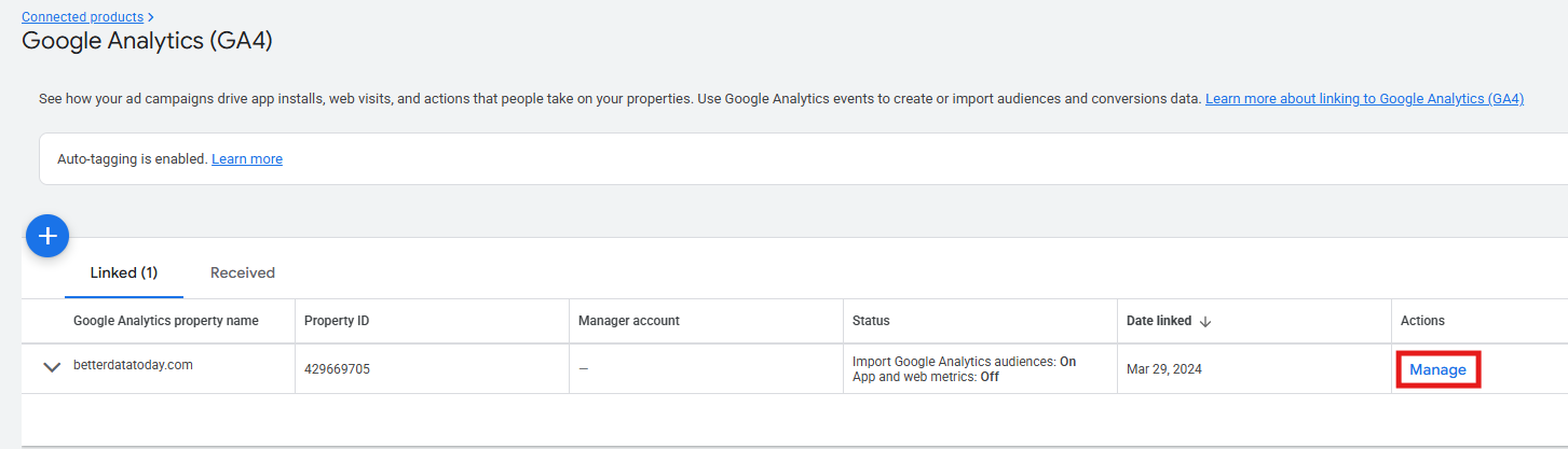 Google Ads Connected products screen showing the GA4 property with a Manage button