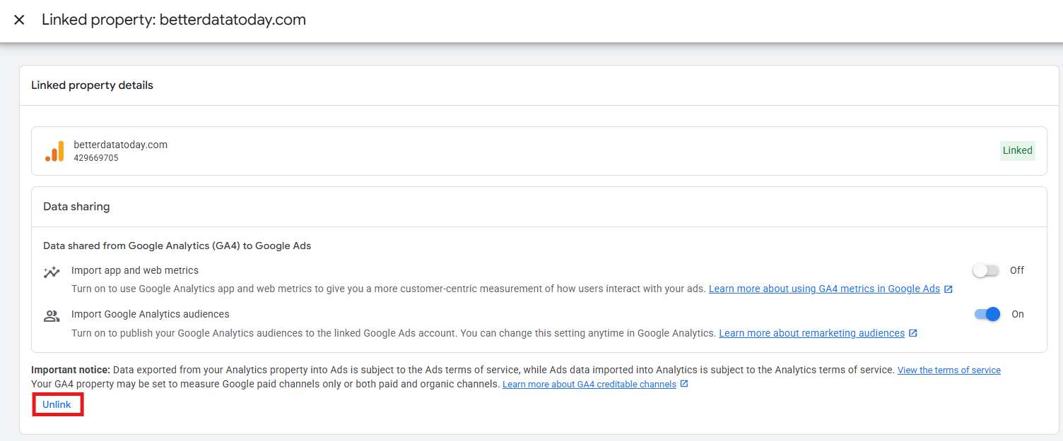 Google Ads GA4 property management screen showing the Unlink button