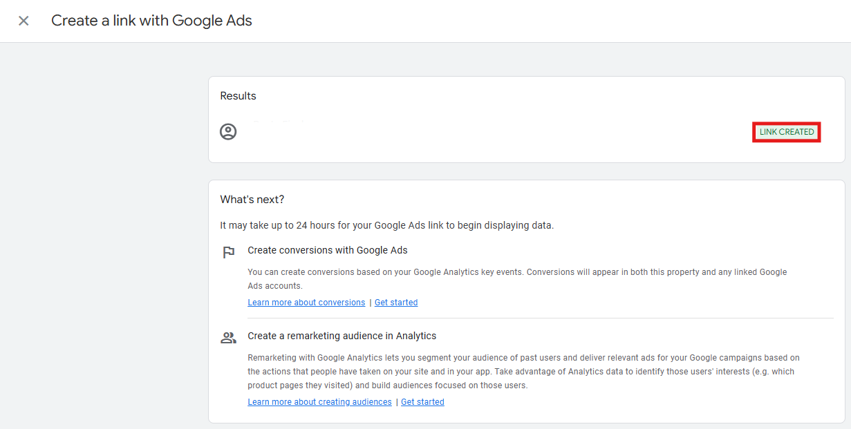 GA4 link confirmation screen showing the Link Created success message