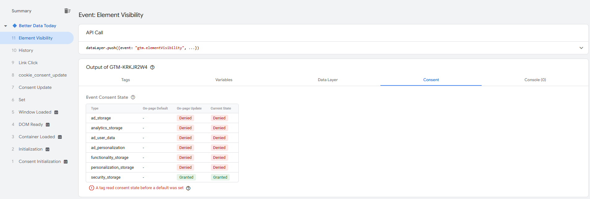 GTM Preview Consent tab showing consent type statuses including analytics and advertising