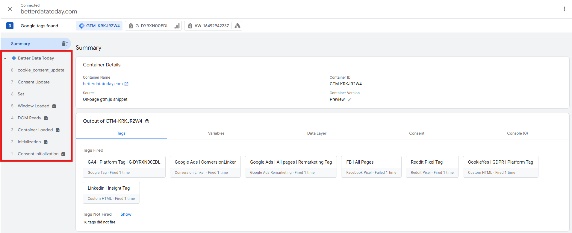 GTM Preview mode event timeline showing the five default page load events
