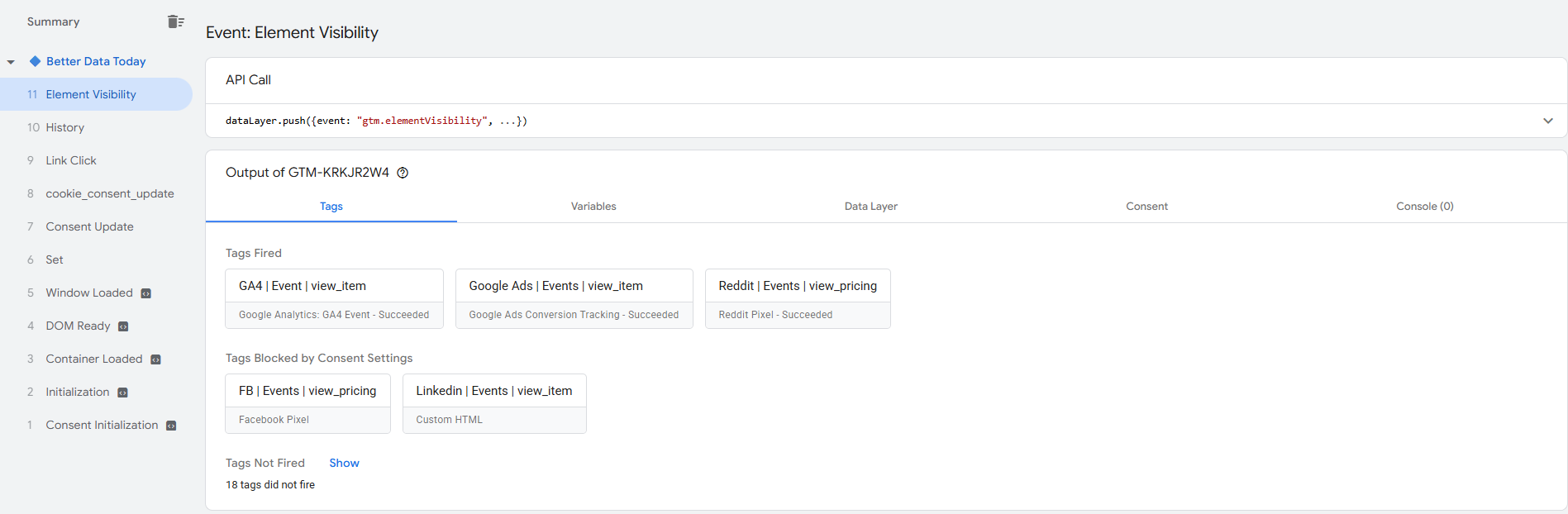 GTM Preview Tags tab showing fired and not fired tags for the selected event